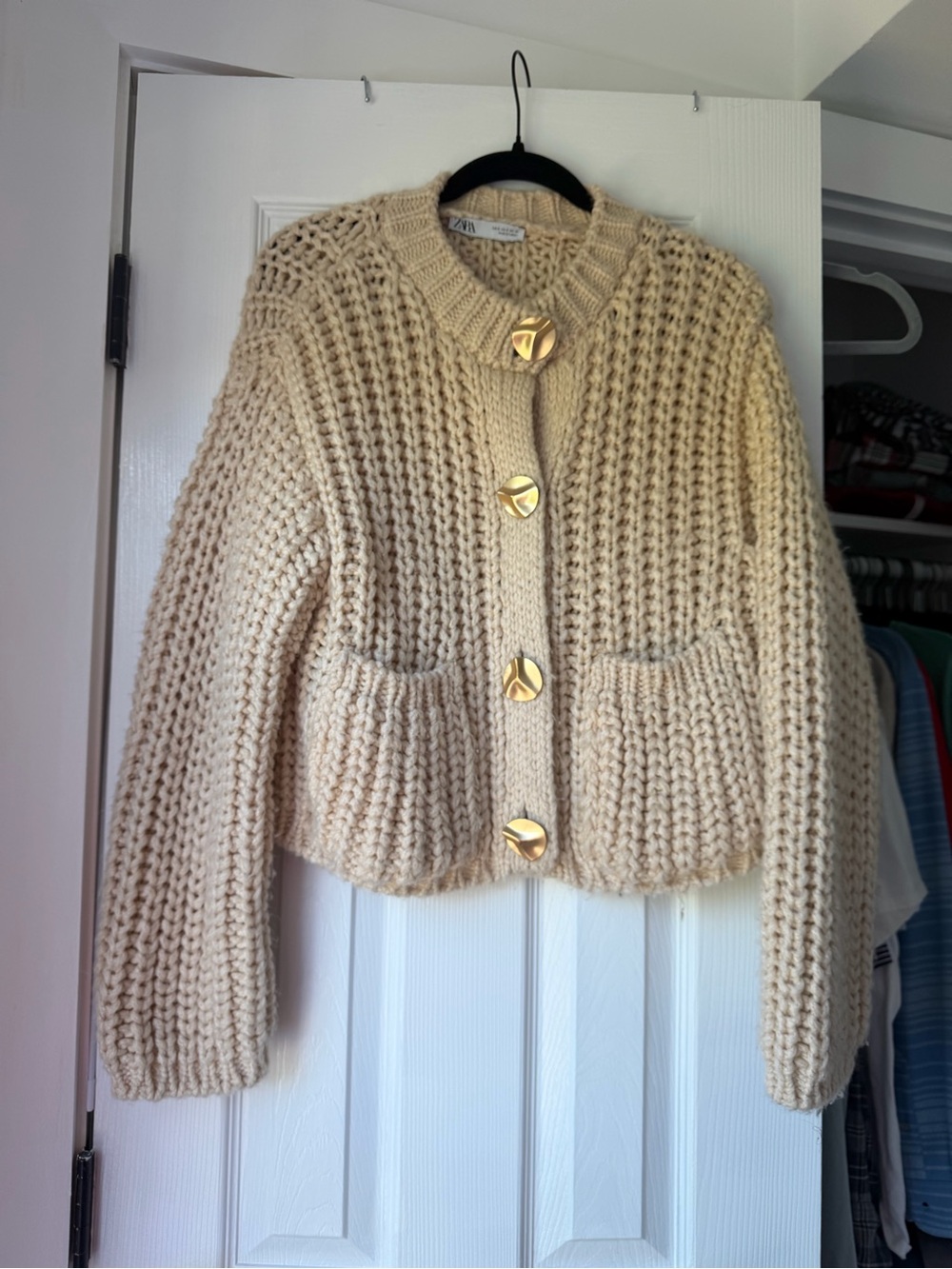 Zara Cream Chunky Knit Cardigan with Gold Buttons